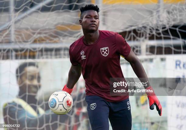 Joseph Anang of West Ham United warms up prior to the pre season frindly between Dagenham and Redbridge and West Ham United U23 at Chigwell...