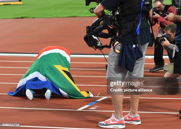 Wayde van Niekerk from South Africa celebrating his placing second at the men's 200 meter final at the IAAF World Championships, in London, UK,...