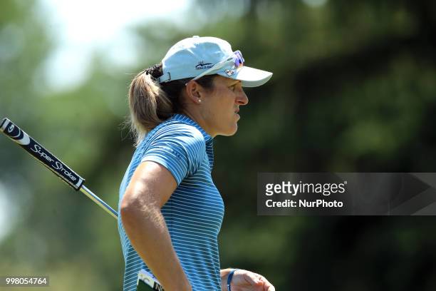Celine Herbin of France waits on the 18th green during the second round of the Marathon LPGA Classic golf tournament at Highland Meadows Golf Club in...