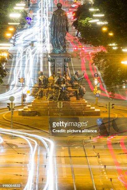 Night traffic along the Maximilianstrasse surrounding the Maxmonument, pictured in Munich, Germany, 09 August 2017. The monument was erected after...