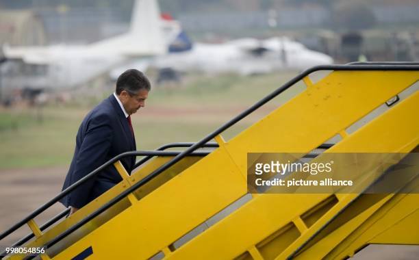 Picture of German Foreign Minister Sigmar Gabriel getting on a German Air Force Airbus A319 which is to take him to South Sudan, taken in the...