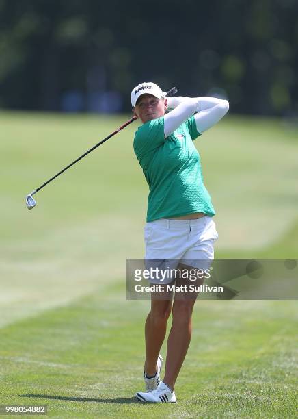 Stacy Lewis watches her second shot on the seventh hole during the second round of the Marathon Classic Presented By Owens Corning And O-I at...