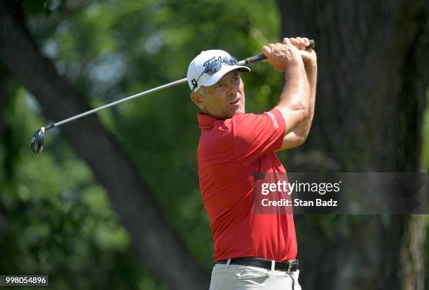 Tom Byrum hits a tee shot on the 17th hole during the second round of the PGA TOUR Champions Constellation SENIOR PLAYERS Championship at Exmoor...