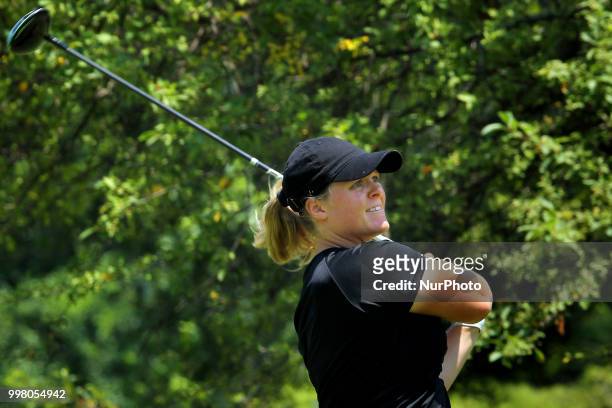 Caroline Hedwall of Stockholm, Sweden follows her shot from the 17th tee during the second round of the Marathon LPGA Classic golf tournament at...