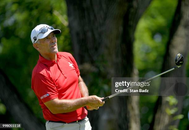 Tom Byrum hits a tee shot on the 17th hole during the second round of the PGA TOUR Champions Constellation SENIOR PLAYERS Championship at Exmoor...