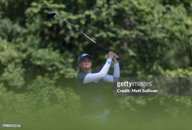 Katie Burnett watches her tee shot on the ninth hole during the second round of the Marathon Classic Presented By Owens Corning And O-I at Highland...