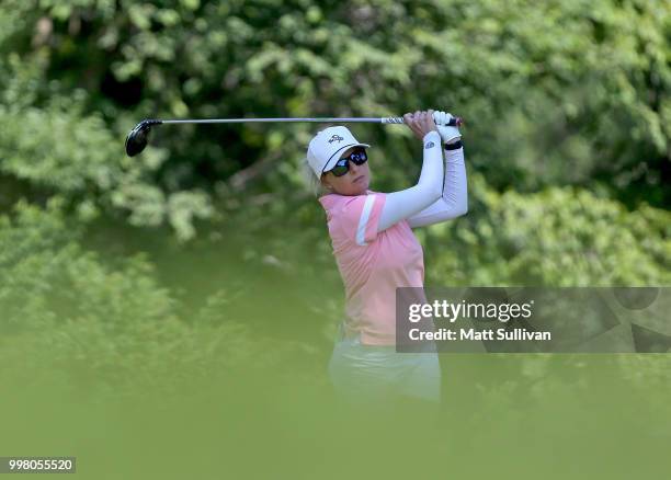 Sarah Kemp of Australia watches her tee shot on the ninth hole during the second round of the Marathon Classic Presented By Owens Corning And O-I at...