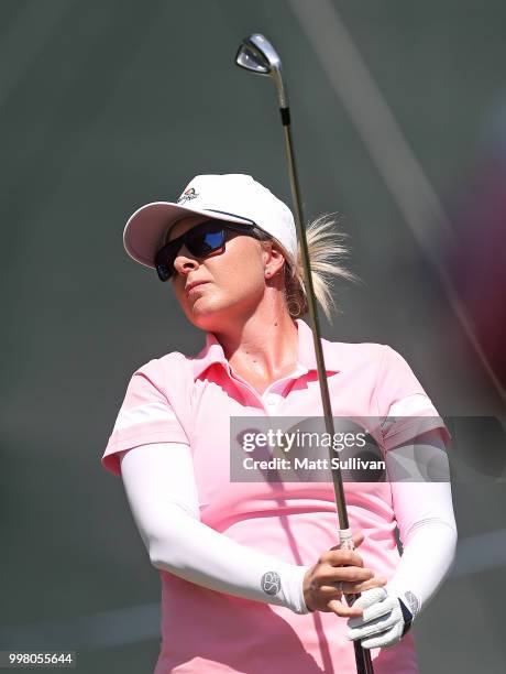 Sarah Kemp of Australia watches her tee shot on the eighth hole during the second round of the Marathon Classic Presented By Owens Corning And O-I at...