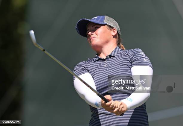 Katie Burnett watches her tee shot on the eighth hole during the second round of the Marathon Classic Presented By Owens Corning And O-I at Highland...