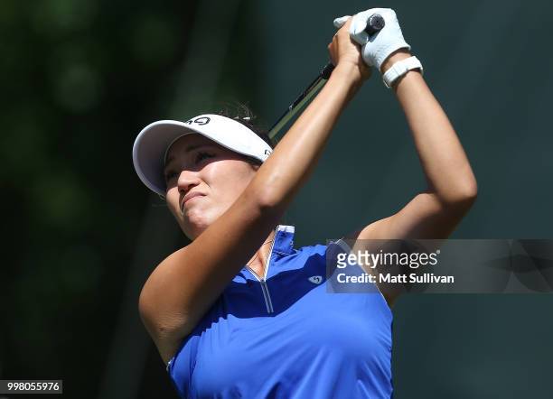 Annie Park watches her tee shot on the eighth hole during the second round of the Marathon Classic Presented By Owens Corning And O-I at Highland...