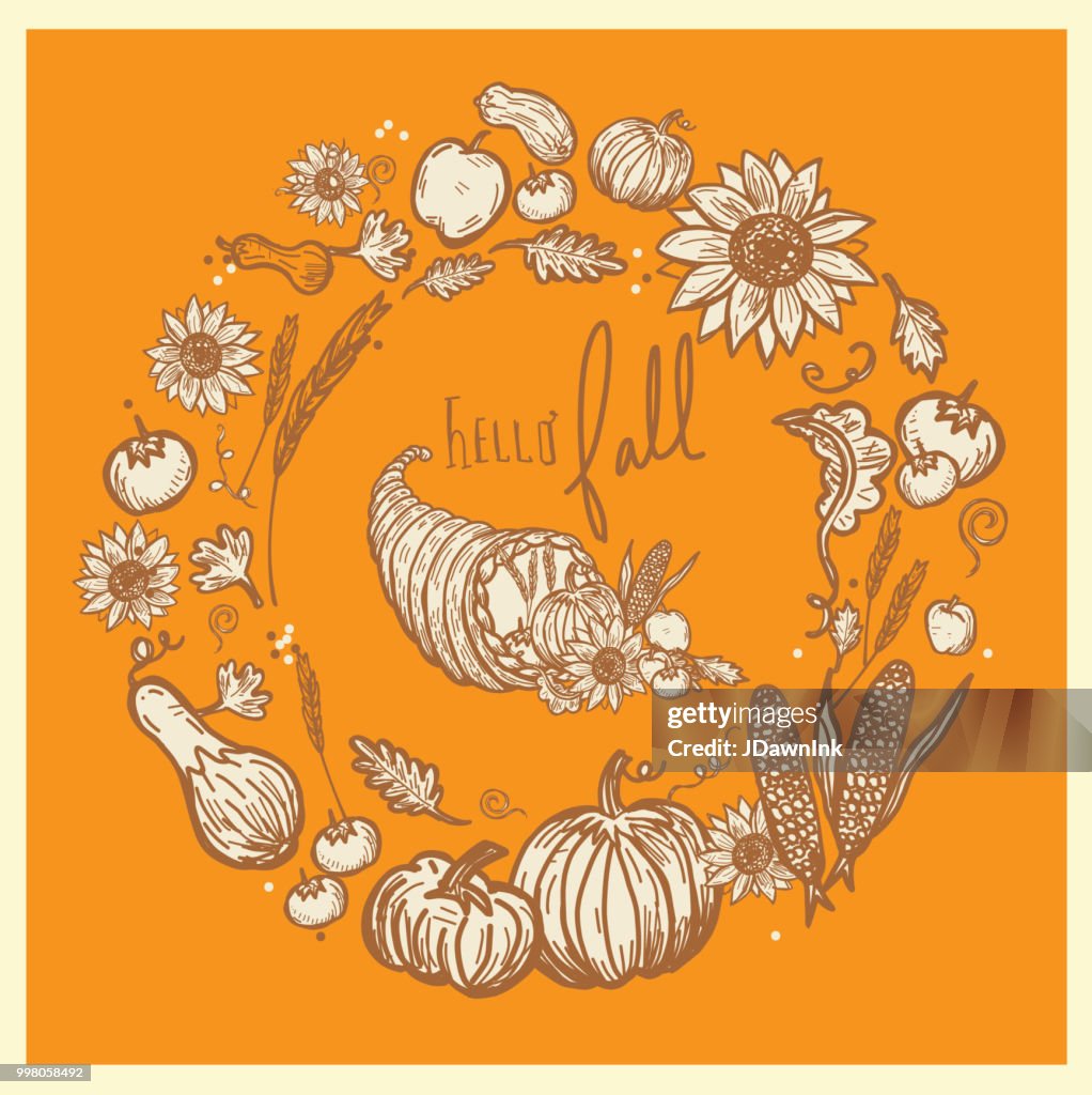 Autumn Fall Harvest Festival circular design with greeting 'Hello Fall' in hand lettering