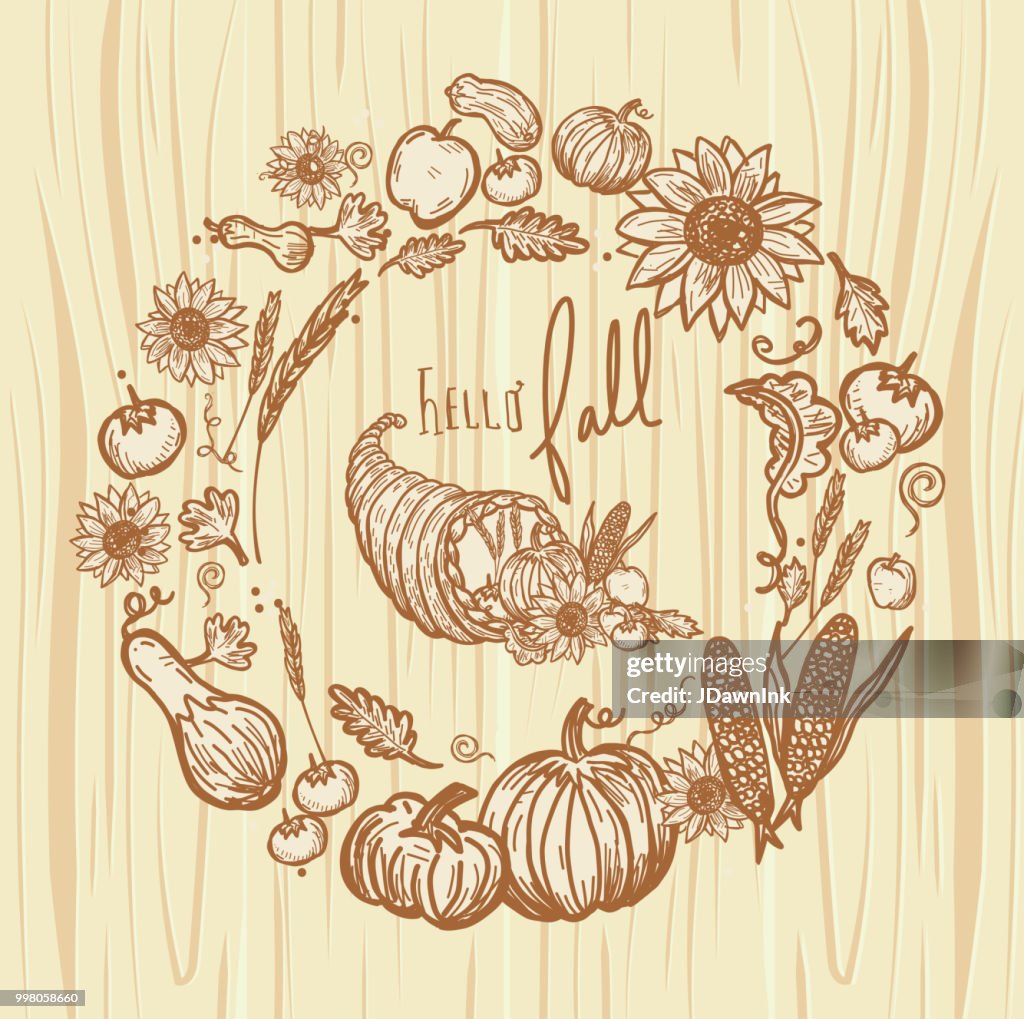 Autumn Fall Harvest Festival circular design with greeting 'Hello Fall' in hand lettering