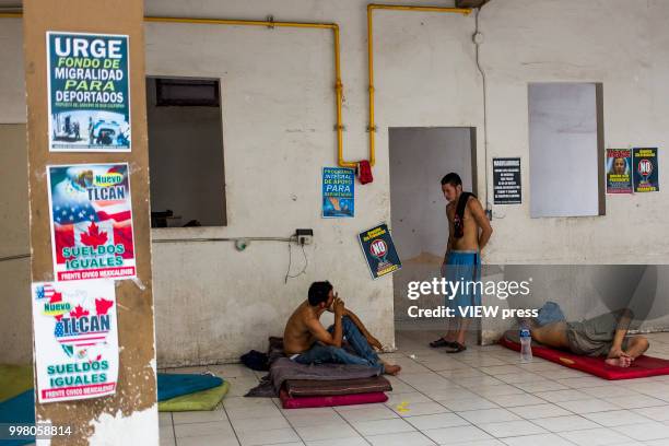 July 10. NAFTA posters and fundraising for deported citizens can be seen in the common areas of Hotel del Migrante on July 10, 2018 in Mexicali,...