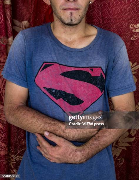 July 10. Moises García a Honduran immigrant poses for a Portrait at Hotel del Migrante on July 10, 2018 in Mexicali, Mexico. Hotel del Migrante is a...