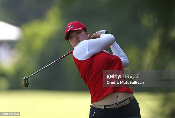 Angel Yin watches her second shot on the seventh hole during the second round of the Marathon Classic Presented By Owens Corning And O-I at Highland...