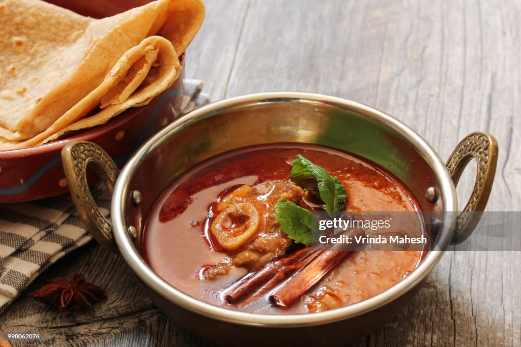 Rogan Josh / Kashmiri Lamb curry served in a Kadai, selective focus