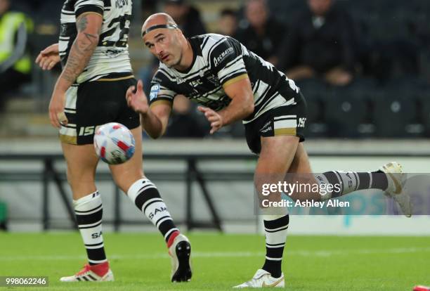 Danny Houghton of Hull FC passes the ball during the BetFred Super League match between Hull FC and St Helens Saints at the KCOM Stadium on July 13,...