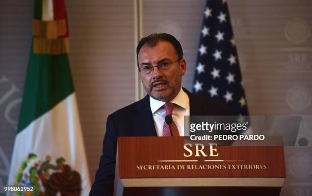 Mexico's Foreign Minister Luis Videgaray speaks to the press along with US Secretary of State Mike Pompeo , at the Foreign Ministry in Mexico City,...