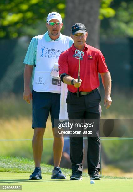 Scott McCarron lines his putt on the seventh hole during the second round of the PGA TOUR Champions Constellation SENIOR PLAYERS Championship at...