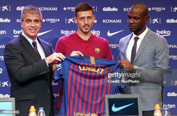 Jordi Mestre, vicepresident of FC Barcelona, and Eric Abidal, technical director, during the presentation of Clement Lenglet as a new player of FC...