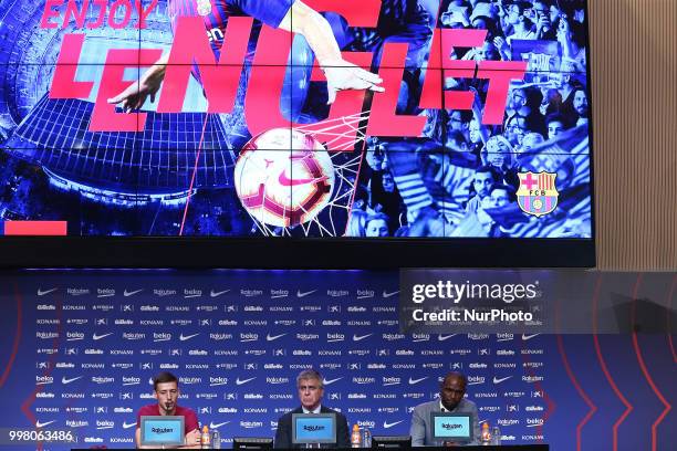 Jordi Mestre, vicepresident of FC Barcelona, and Eric Abidal, technical director, during the presentation of Clement Lenglet as a new player of FC...