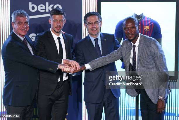 Josep Maria Bartomeu, president of FC Barcelona, Jordi Mestre, vicepresident of FC Barcelona, and Eric Abidal, technical director, during the...