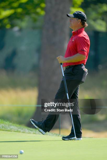 Scott McCarron reacts to his putt on the seventh hole during the second round of the PGA TOUR Champions Constellation SENIOR PLAYERS Championship at...