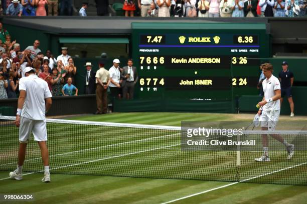 Kevin Anderson of South Africa and John Isner of The United States react to match point at the end of their Men's Singles semi-final match on day...