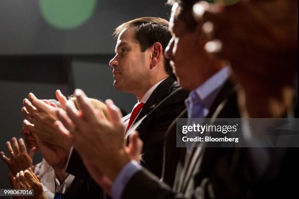 Senator Marco Rubio, a Republican from Florida, applauds during an event for Florida Governor Rick Scott's senate campaign in Hialeah, Florida, U.S.,...