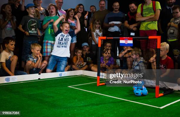 Match of robots at Design Center Digital in Warsaw, Poland on 13 July before the finals of the 2018 World Cup in football, during which France won...