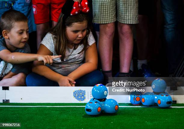 Match of robots at Design Center Digital in Warsaw, Poland on 13 July before the finals of the 2018 World Cup in football, during which France won...
