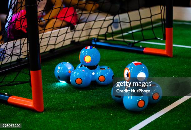 Match of robots at Design Center Digital in Warsaw, Poland on 13 July before the finals of the 2018 World Cup in football, during which France won...