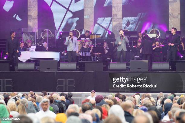Carlos Marin, Sebastien Izambard, Urs Buhler and David Miller of Il Divo perform on stage at Edinburgh Castle Esplanade on July 13, 2018 in...