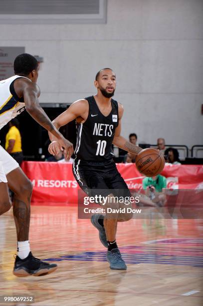 Jordan McLaughlin of the Brooklyn Nets handles the ball against the Indiana Pacers during the 2018 Las Vegas Summer League on July 13, 2018 at the...