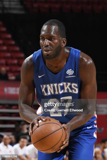 Daniel Ochefu of the New York Knicks shoots a free throw during the game against the New Orleans Pelicans during the 2018 Las Vegas Summer League on...