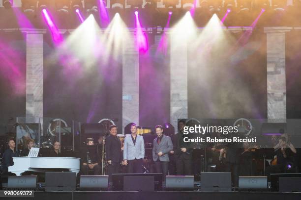 Carlos Marin, Sebastien Izambard, Urs Buhler and David Miller of Il Divo perform on stage at Edinburgh Castle Esplanade on July 13, 2018 in...