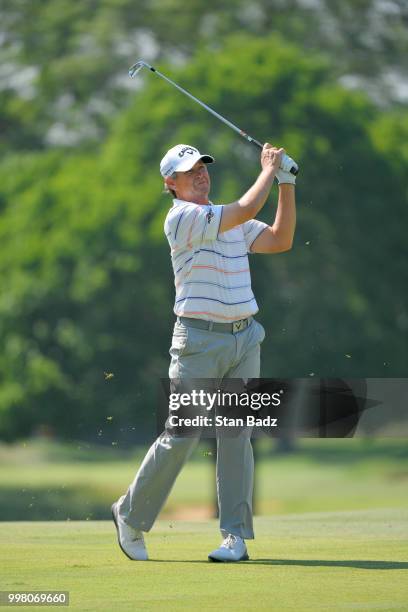 Lee Janzen plays a shot on the 18th hole during the second round of the PGA TOUR Champions Constellation SENIOR PLAYERS Championship at Exmoor...