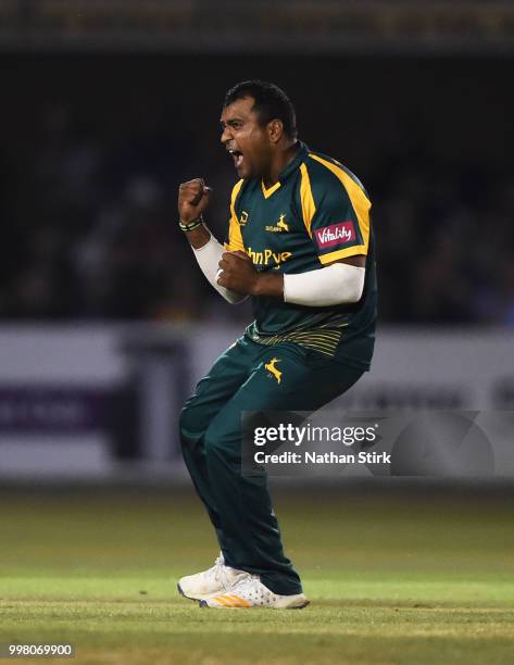 Samit Patel of Nottingham celebrates getting a wicket during the Vitality Blast match between Derbyshire Falcons and Notts Outlaws at The 3aaa County...