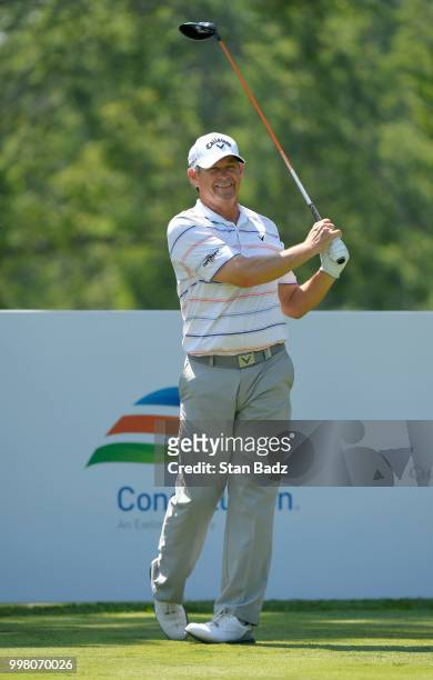 Lee Janzen hits a tee shot on the 18th hole during the second round of the PGA TOUR Champions Constellation SENIOR PLAYERS Championship at Exmoor...