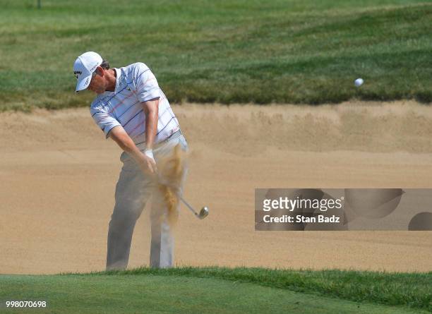 Lee Janzen plays a bunker shot on the 17th hole during the second round of the PGA TOUR Champions Constellation SENIOR PLAYERS Championship at Exmoor...