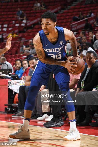 Michael Gbinije handles the ball during the game against the New Orleans Pelicans during the 2018 Las Vegas Summer League on July 13, 2018 at the...