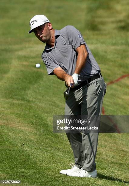 Matt Every hits a shot on the 18th hole during the second round of the John Deere Classic at TPC Deere Run on July 13, 2018 in Silvis, Illinois.