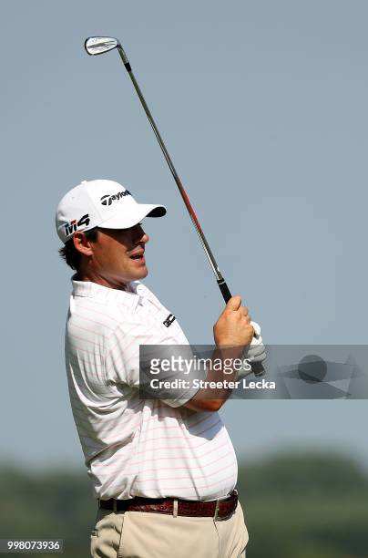 Johnson Wagner reacts to a shot on the 16th hole during the second round of the John Deere Classic at TPC Deere Run on July 13, 2018 in Silvis,...