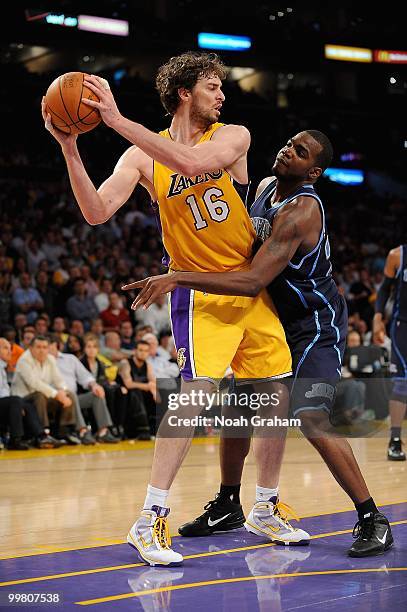 Pau Gasol of the Los Angeles Lakers looks to pass against Paul Millsap of the Utah Jazz in Game Two of the Western Conference Semifinals during the...