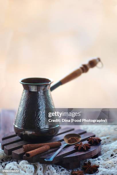 morning still life with black coffee in a cezve - cezve stockfoto's en -beelden