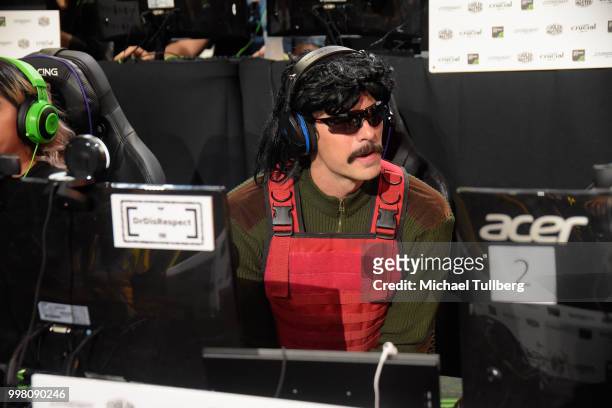Gamer Dr DisRespect gets interviewed at the Twitch Prime and PUBG Battlegrounds Squad Showdown gaming event on July 13, 2018 in Los Angeles,...