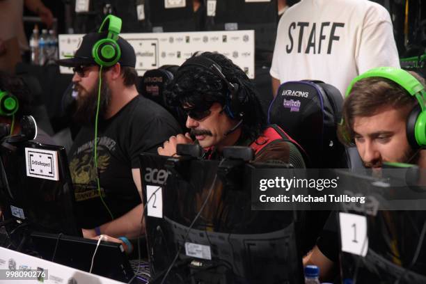 Gamer Dr DisRespect gets interviewed at the Twitch Prime and PUBG Battlegrounds Squad Showdown gaming event on July 13, 2018 in Los Angeles,...