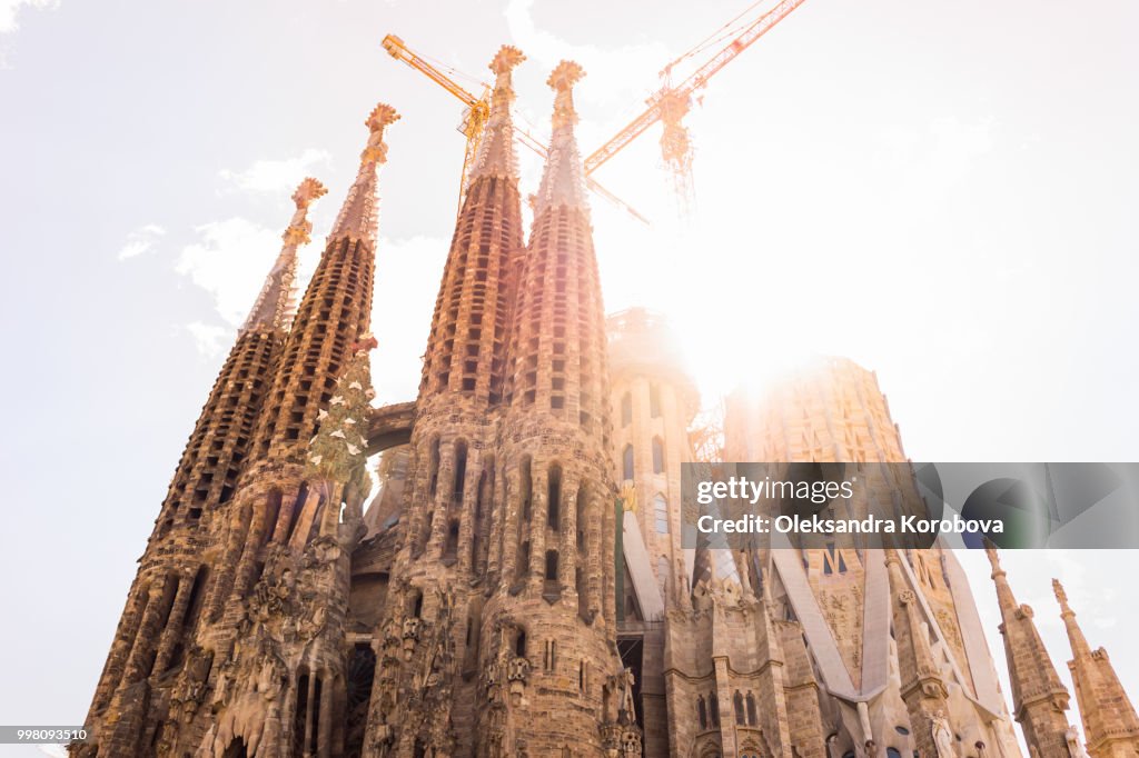 Organic shapes and modern sculptural building details of La Sagrada Familia church basilica in Barcelona, Spain.