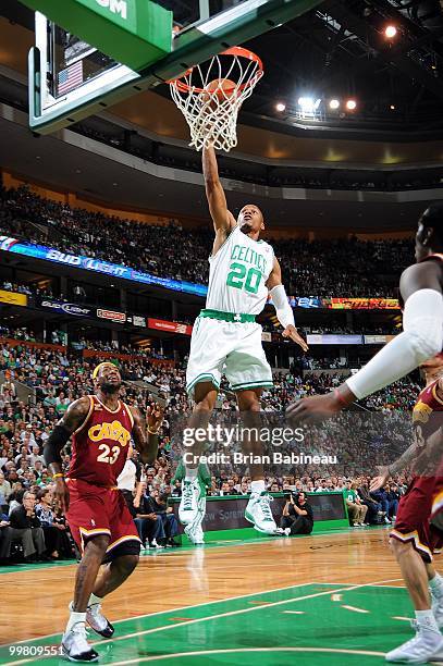 Ray Allen of the Boston Celtics goes to the hoop past LeBron James of the Cleveland Cavaliers in Game Four of the Eastern Conference Semifinals...