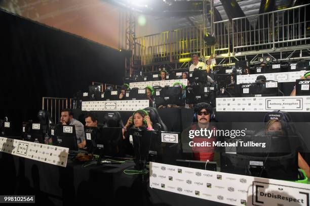 Gamers playing at the Twitch Prime and PUBG Battlegrounds Squad Showdown gaming event on July 13, 2018 in Los Angeles, California.